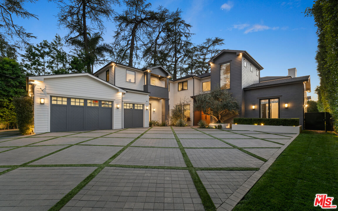 Encino estate exterior at twilight